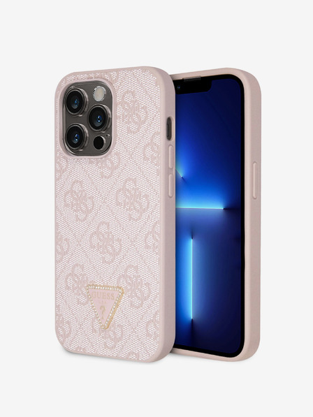 Guess PU 4G Strass Triangle Metal Logo Zadní Kryt pro iPhone 15 Pro Pink Obal na telefón