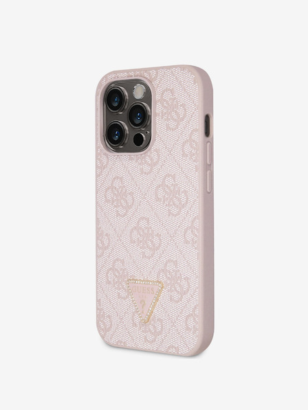 Guess PU 4G Strass Triangle Metal Logo Zadní Kryt pro iPhone 15 Pro Pink Obal na telefón