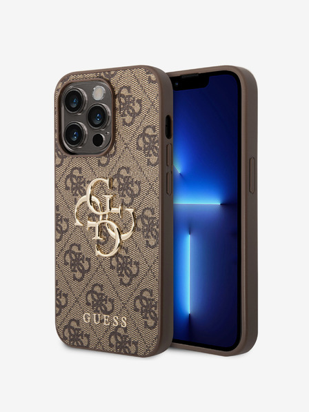 Guess Guess PU 4G zadný kryt s kovovým logom pre iPhone 15 Pro hnedý