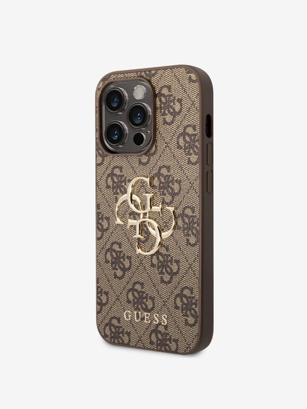 Guess Guess PU 4G zadný kryt s kovovým logom pre iPhone 15 Pro hnedý