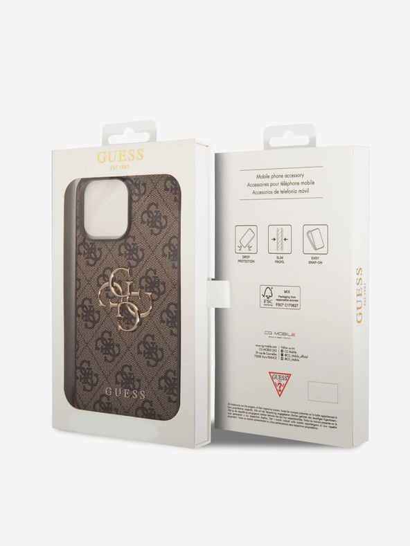 Guess PU 4G Metal Logo Zadní Kryt pro iPhone 15 Pro Max Brown Obal na telefón
