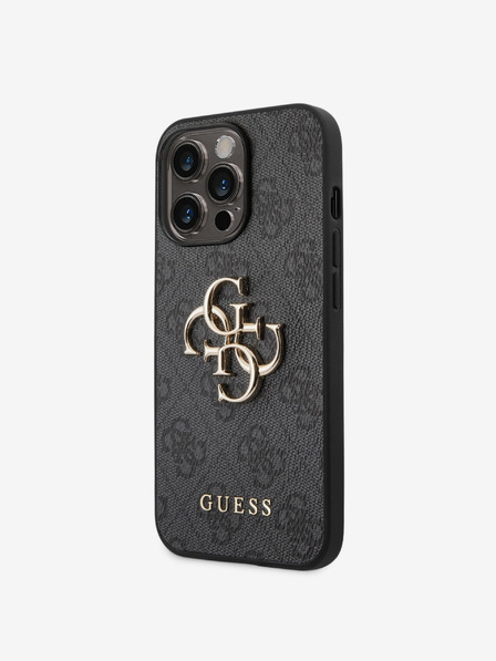 Guess Guess PU 4G zadný kryt s kovovým logom pre iPhone 14 Pro sivý