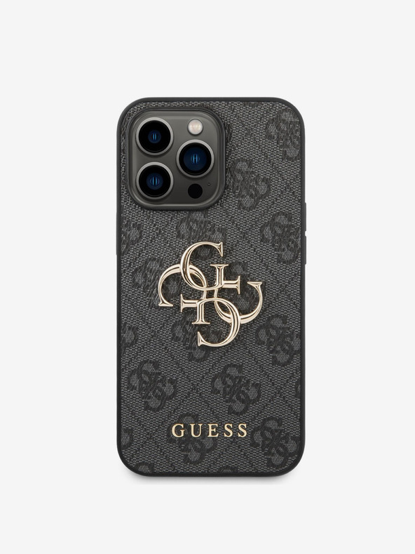 Guess Guess PU 4G zadný kryt s kovovým logom pre iPhone 14 Pro sivý