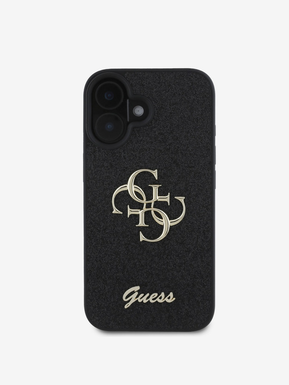 Guess Guess PU Pevný trblietavý zadný kryt 4G s kovovým logom pre iPhone 16 Black