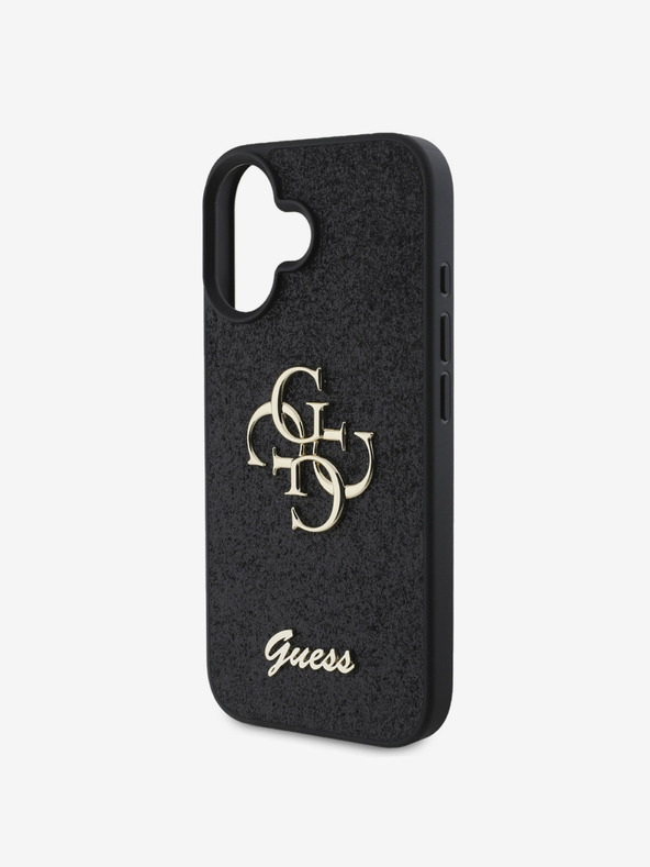 Guess Guess PU Pevný trblietavý zadný kryt 4G s kovovým logom pre iPhone 16 Black