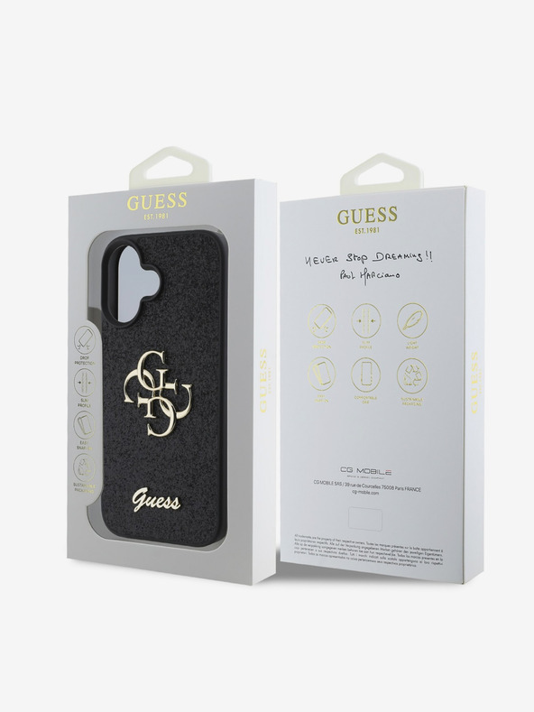 Guess Guess PU Pevný trblietavý zadný kryt 4G s kovovým logom pre iPhone 16 Black