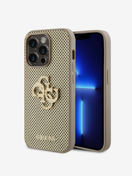 Guess Guess PU perforovaný zadný kryt 4G Glitter Metal Logo pre iPhone 15 Pro zlatý