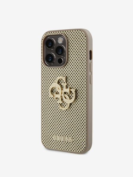 Guess Guess PU perforovaný zadný kryt 4G Glitter Metal Logo pre iPhone 15 Pro zlatý