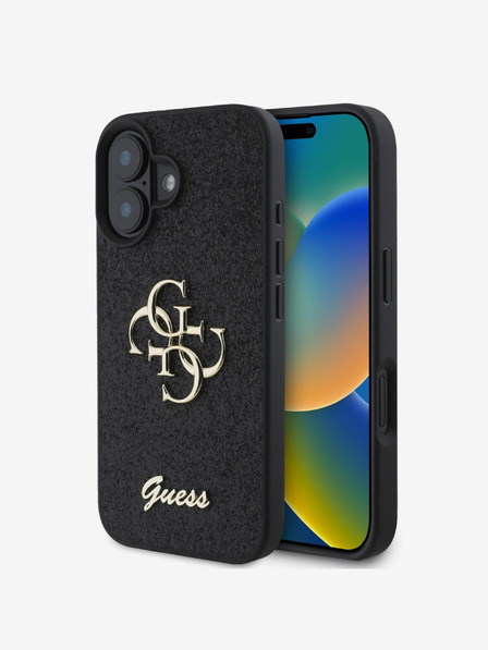 Guess Guess PU Pevný zadný kryt 4G s kovovým logom s trblietkami pre iPhone 16 Plus čierny