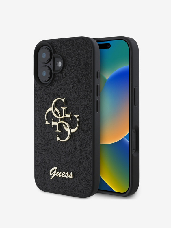 Guess Guess PU Pevný zadný kryt 4G s kovovým logom s trblietkami pre iPhone 16 Plus čierny