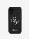 Guess Guess PU Pevný zadný kryt 4G s kovovým logom s trblietkami pre iPhone 16 Plus čierny