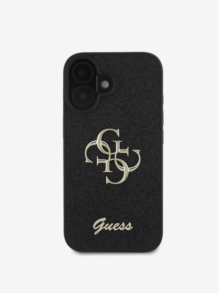 Guess Guess PU Pevný zadný kryt 4G s kovovým logom s trblietkami pre iPhone 16 Plus čierny
