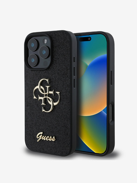 Guess Guess PU Pevný zadný kryt s kovovým logom 4G Glitter pre iPhone 16 Pro Black