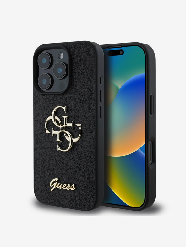 Guess Guess PU Pevný zadný kryt s kovovým logom 4G Glitter pre iPhone 16 Pro Black