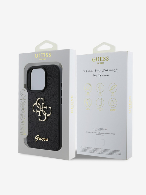 Guess Guess PU Pevný zadný kryt s kovovým logom 4G Glitter pre iPhone 16 Pro Black