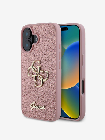 Guess Guess PU Pevný zadný kryt s kovovým logom 4G Glitter pre iPhone 16 Ružový