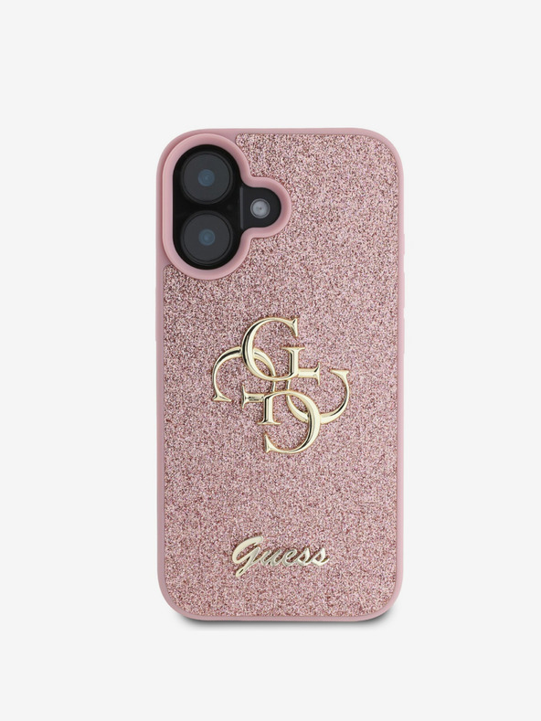 Guess Guess PU Pevný zadný kryt s kovovým logom 4G Glitter pre iPhone 16 Ružový