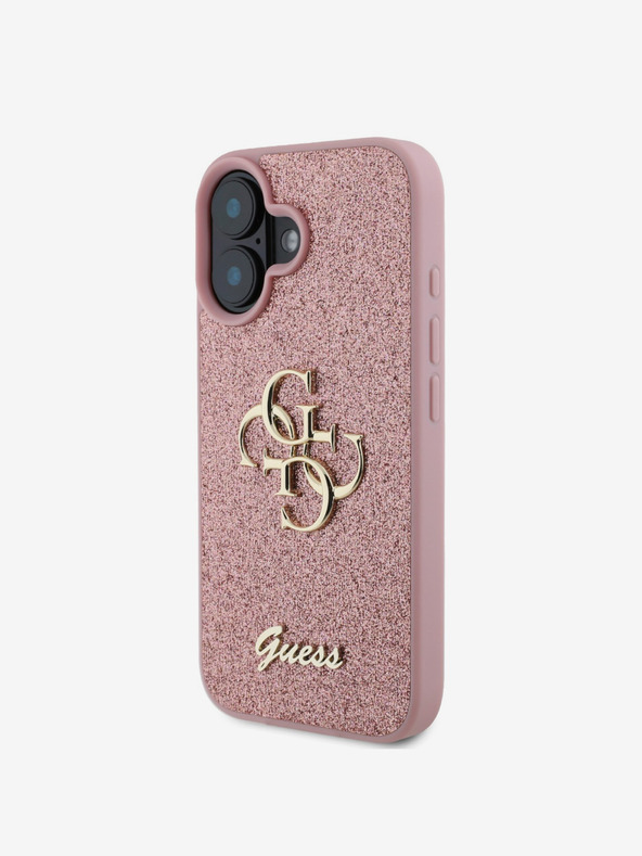 Guess Guess PU Pevný zadný kryt s kovovým logom 4G Glitter pre iPhone 16 Ružový