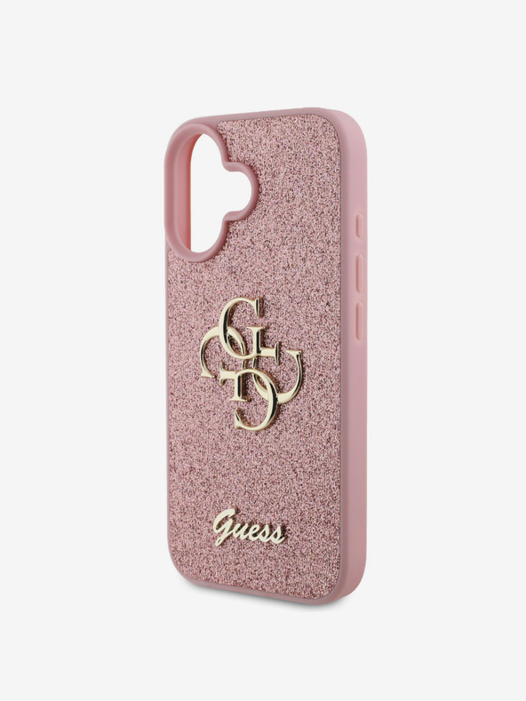 Guess Guess PU Pevný zadný kryt s kovovým logom 4G Glitter pre iPhone 16 Ružový