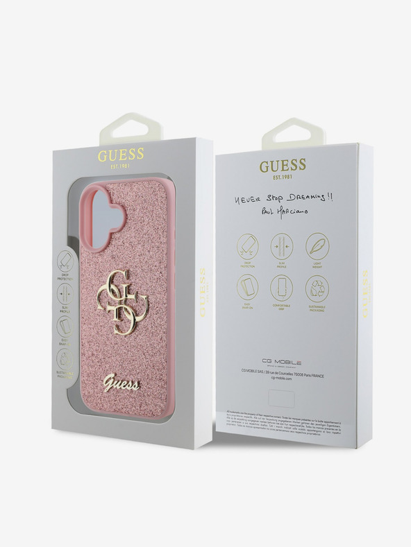 Guess Guess PU Pevný zadný kryt s kovovým logom 4G Glitter pre iPhone 16 Ružový
