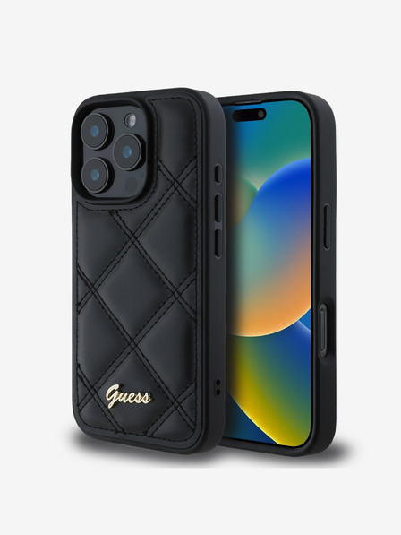 Guess Guess PU kožený prešívaný zadný kryt pre iPhone 16 Pro Max čierny