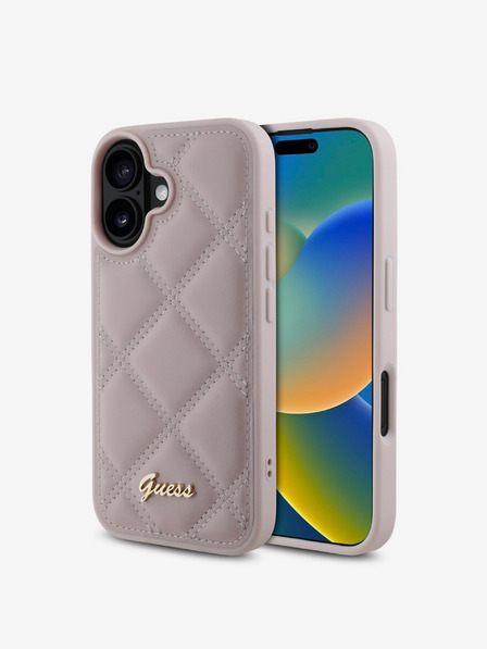 Guess Guess PU kožený prešívaný zadný kryt pre iPhone 16 ružový