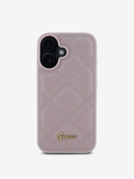 Guess Guess PU kožený prešívaný zadný kryt pre iPhone 16 ružový