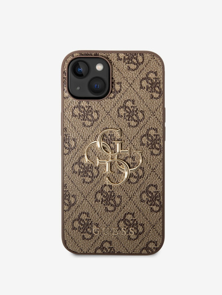 Guess Guess PU 4G kovový zadný kryt s logom pre iPhone 14 hnedý