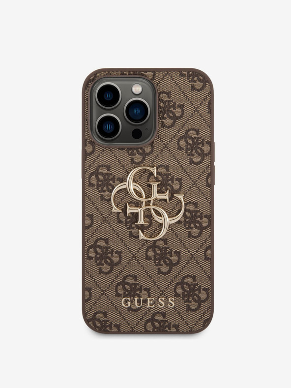 Guess PU 4G Metal Logo Zadní Kryt pro iPhone 14 Pro Brown Obal na telefón