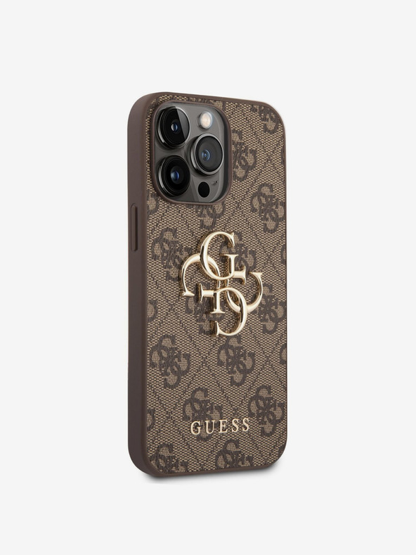 Guess PU 4G Metal Logo Zadní Kryt pro iPhone 14 Pro Brown Obal na telefón