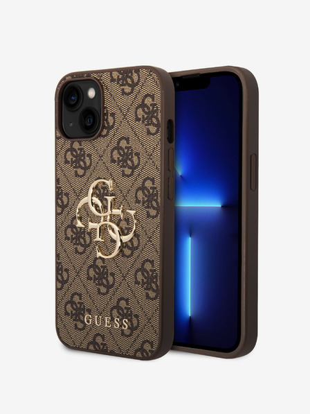 Guess Guess PU 4G kovové logo zadný kryt pre iPhone 15 hnedý