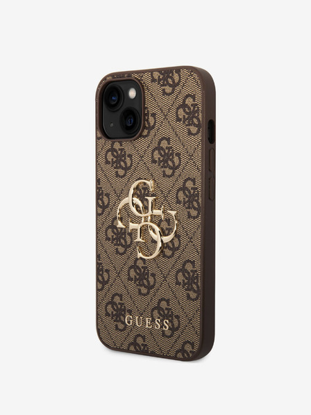 Guess Guess PU 4G kovové logo zadný kryt pre iPhone 15 hnedý