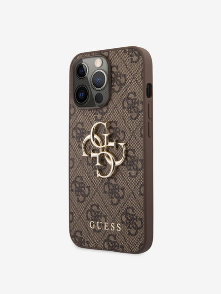 Guess Guess PU 4G Kovový zadný kryt s logom pre iPhone 13 Pro Max hnedý