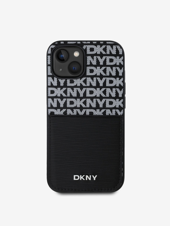 DKNY PU kožený zadný kryt s opakovaným vzorom vrecka na kartu pre iPhone 14 čierny DKNY