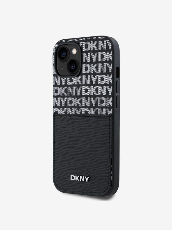 DKNY PU kožený zadný kryt s opakovaným vzorom vrecka na kartu pre iPhone 14 čierny DKNY