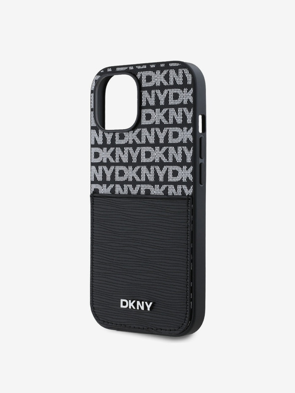 DKNY PU kožený zadný kryt s opakovaným vzorom vrecka na kartu pre iPhone 14 čierny DKNY