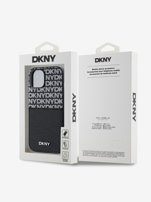 DKNY PU kožený zadný kryt s opakovaným vzorom vrecka na kartu pre iPhone 14 čierny DKNY