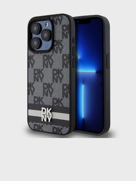 DKNY Zadný kryt z PU kože s károvaným vzorom a pruhmi pre iPhone 12/12 Pro čierny DKNY