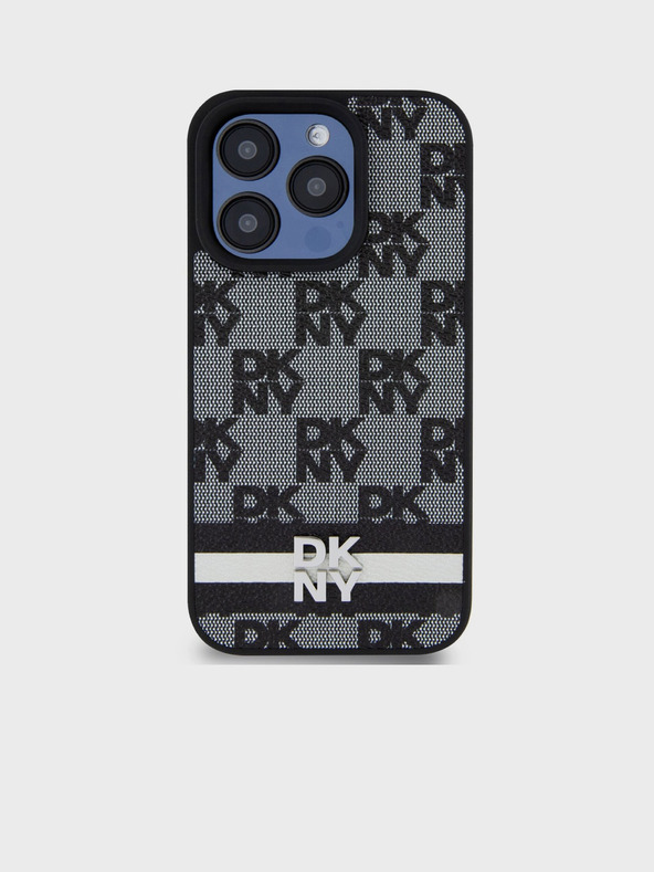 DKNY Zadný kryt z PU kože s károvaným vzorom a pruhmi pre iPhone 12/12 Pro čierny DKNY