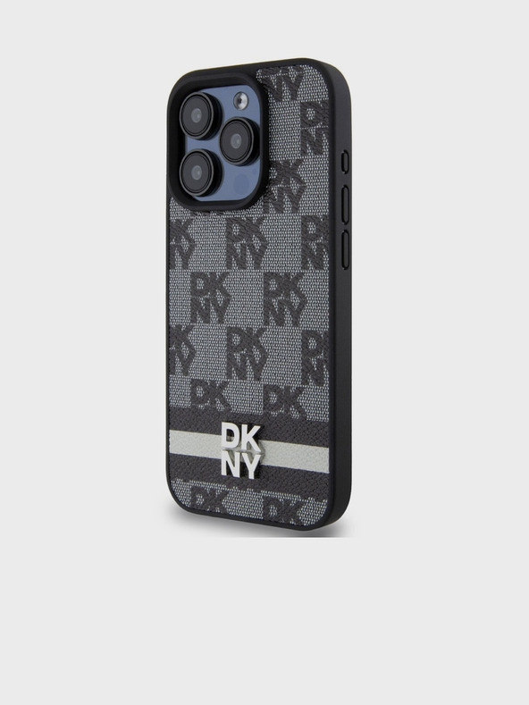 DKNY Zadný kryt z PU kože s károvaným vzorom a pruhmi pre iPhone 12/12 Pro čierny DKNY