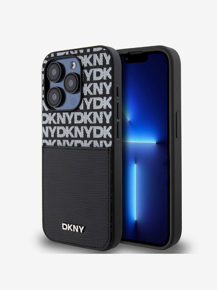 DKNY PU kožený zadný kryt s opakovaným vzorom vrecka na karty pre iPhone 14 Pro čierny DKNY