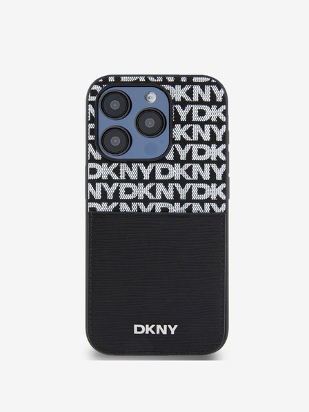 DKNY PU kožený zadný kryt s opakovaným vzorom vrecka na karty pre iPhone 14 Pro čierny DKNY