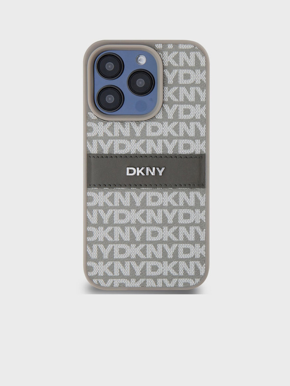 DKNY PU kožený zadný kryt s opakujúcim sa vzorom Tonal Stripe pre iPhone 14 Pro Max Beige DKNY