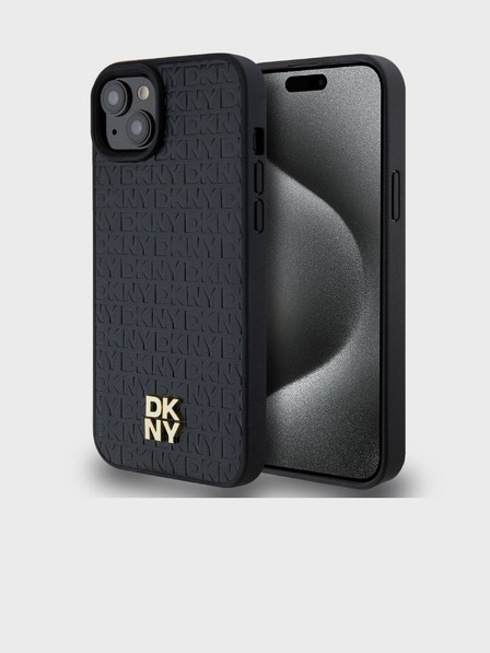 DKNY PU kožený zadný kryt s opakujúcim sa vzorom Stack Logo Magsafe pre iPhone 13 Black DKNY