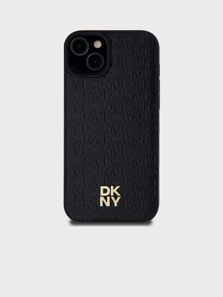 DKNY PU kožený zadný kryt s opakujúcim sa vzorom Stack Logo Magsafe pre iPhone 13 Black DKNY