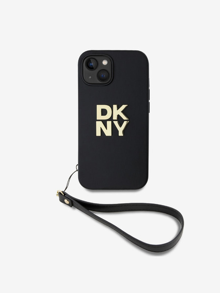 DKNY PU Leather Stack Logo Wrist Strap Back Cover pre iPhone 15 Black DKNY