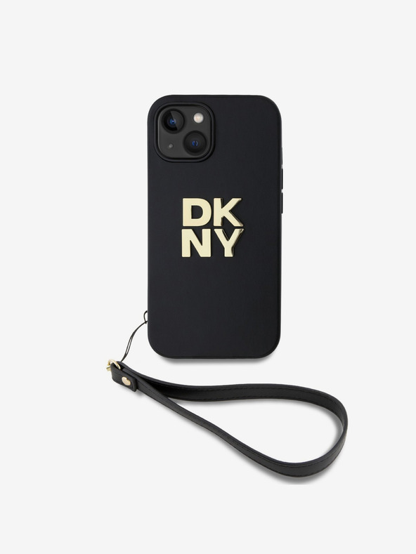 DKNY PU Leather Stack Logo Wrist Strap Back Cover pre iPhone 15 Black DKNY