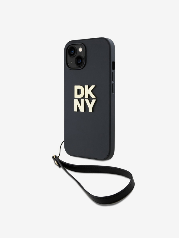 DKNY PU Leather Stack Logo Wrist Strap Back Cover pre iPhone 15 Black DKNY