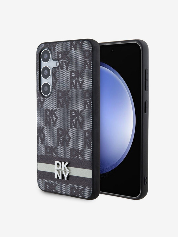DKNY PU kožený károvaný vzor a prúžky Zadný kryt pre Samsung Galaxy S24 Black DKNY