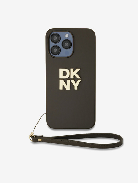 DKNY PU kožený zadný kryt s logom Stack Wrist Strap pre iPhone 15 Pro Max Brown DKNY